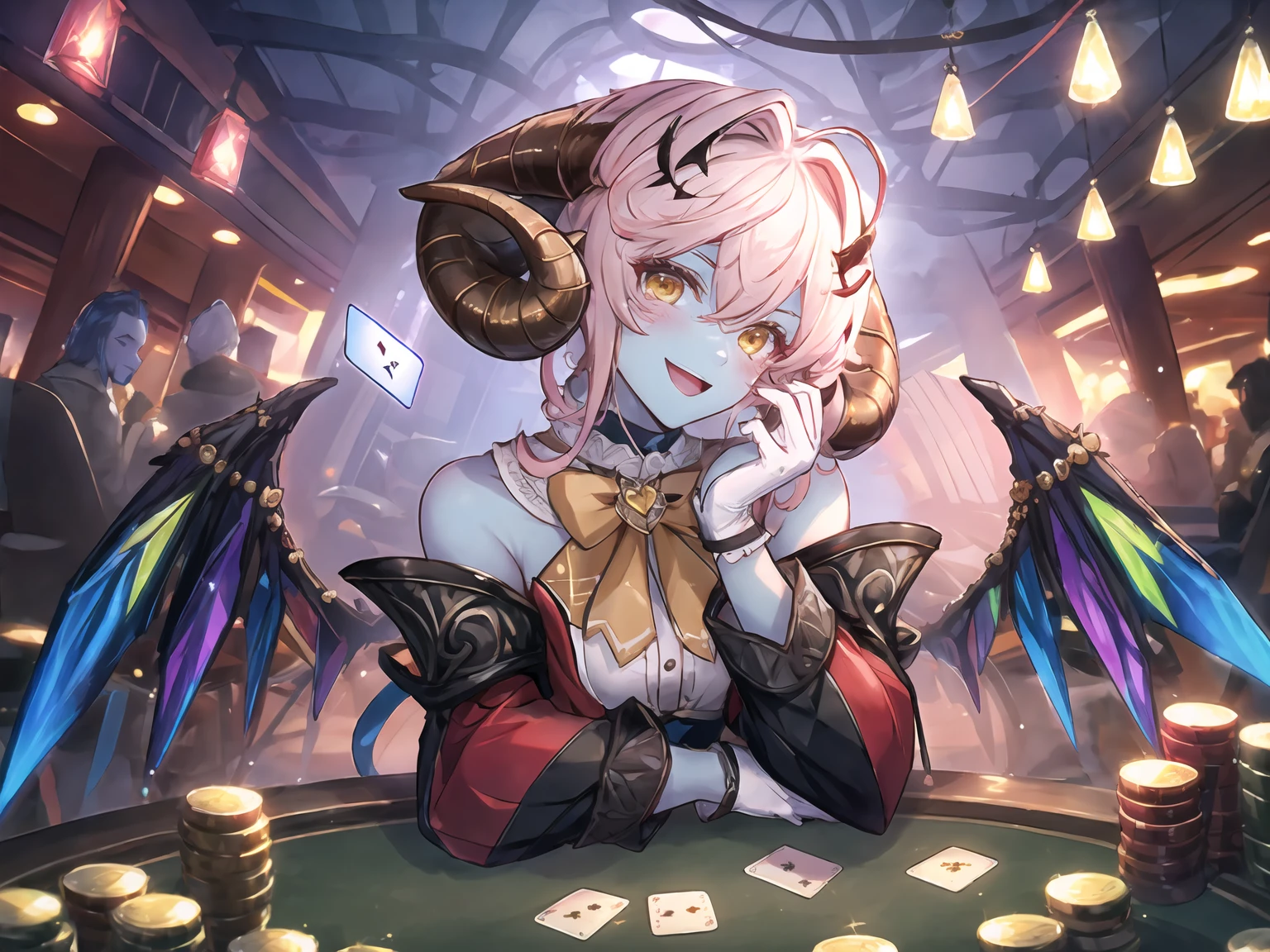 masterpiece,best quality,highres,cinematic lighting,dramatic angle,<lora:ShadowverseShowdownDemonV1-000019:0.8:lbw=jiangshi3>,1girl,pink hair,horns,blue skin,yellow eyes,detached sleeves,bare shoulders,ribbon,bowtie,glowing eyes,white shirt,vest,crystal wings,gloves,tail,choker,casino,holding card,evil smile,:d,looking at viewer,head tilt,arm support,piles of chip,coin,dollar bill,money,across table,table,blush,happy,pov across table,close-up,spoken heart,floating cards