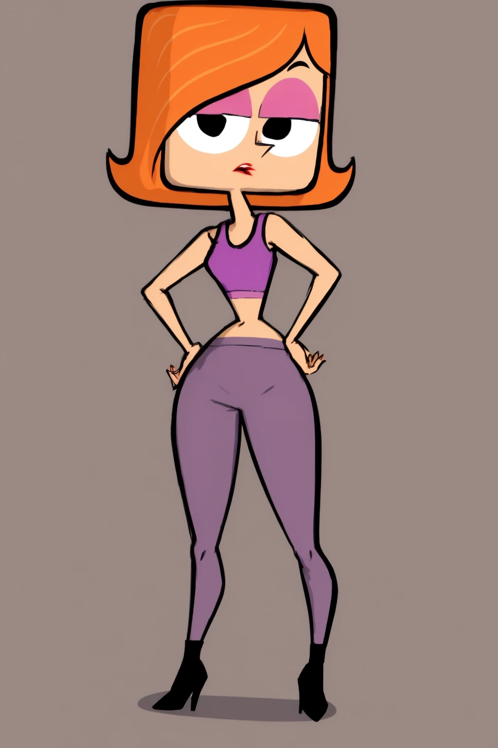 masterpiece, best quality, 1girl, debturnbull, orange hair, short hair, black eyes, lipstick, makeup, crop top, purple pants, high heels, hands on hips, standing, solo, sketch, simple background <lora:DebTurnbull:1>
