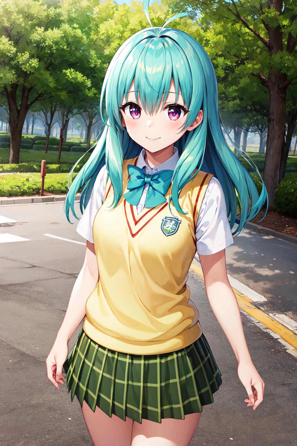 masterpiece, best quality, highres, aarej, solo, long hair, antenna hair, purple eyes, school uniform, green bowtie, white shirt, sweater vest, yellow vest, short sleeves, plaid skirt, green skirt, <lora:run_elsie_jewelria_v1:0.7>, standing, cowboy shot, outdoors, smile