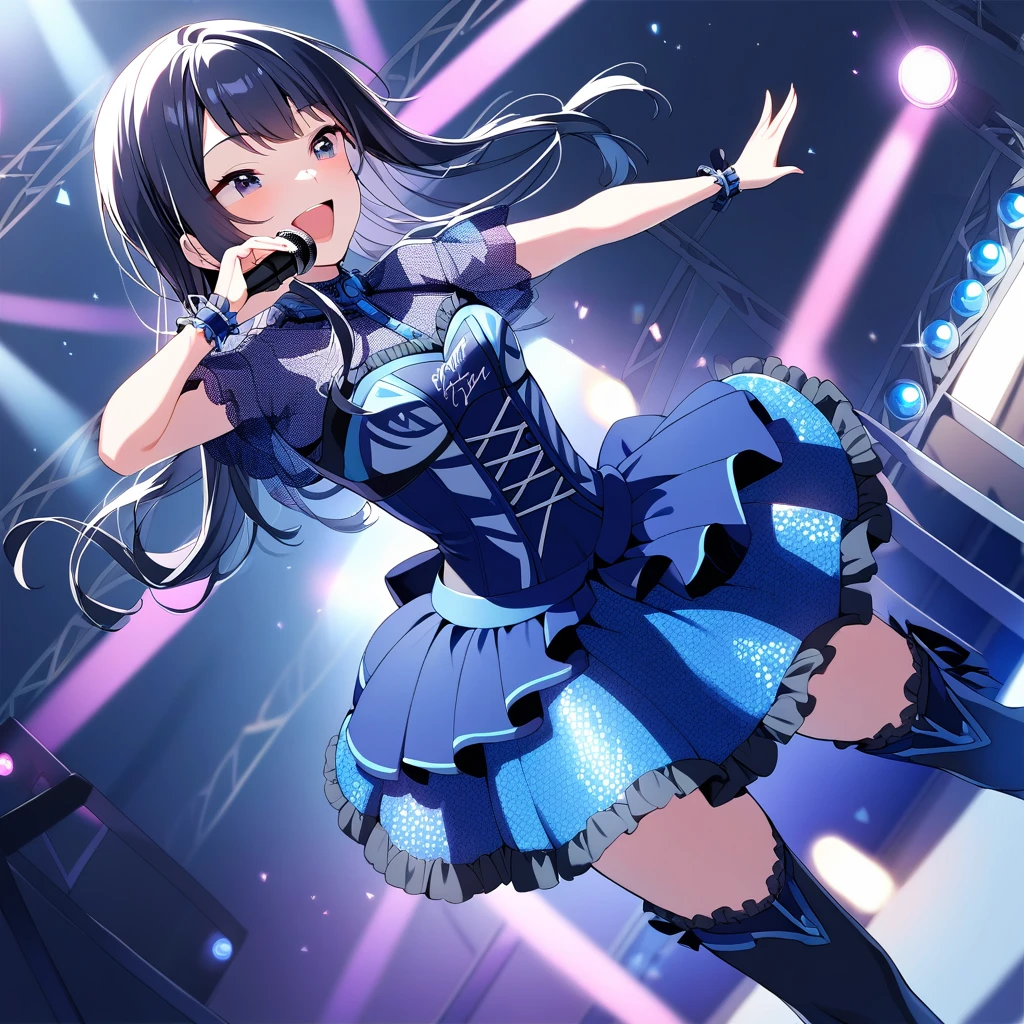 [high quality, best quality], 1girl, solo, dutch angle, nagase kotono <lora:ktn_xl-000021:0.64>, idol-outfit, knee boots, black thighhighs, focused, smile, singing, holding microphone