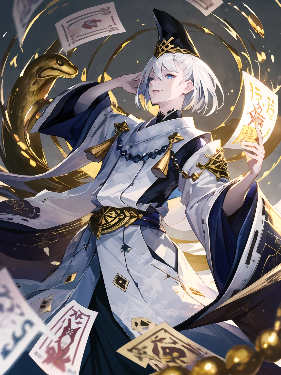 masterpiece,best quality,highres,cinematic lighting,dramatic angle,1boy,<lora:ShadowverseKuonV1-000025:0.8:lbw=jiangshi3>,white hair,short hair,blue eyes,tate eboshi,blue headwear,white dress,clothing cutout,ribbon,tassel,looking at viewer,evil smile,shaded face,parted lips,wide sleeves,kariginu,straight-on,holding,close-up,depth of field,beads,talisman,black hakama,dynamic angle,magic,ofuda,holding ofuda,casting spell,golden snake,one hand over head,one arm over head,straight-on,shushing