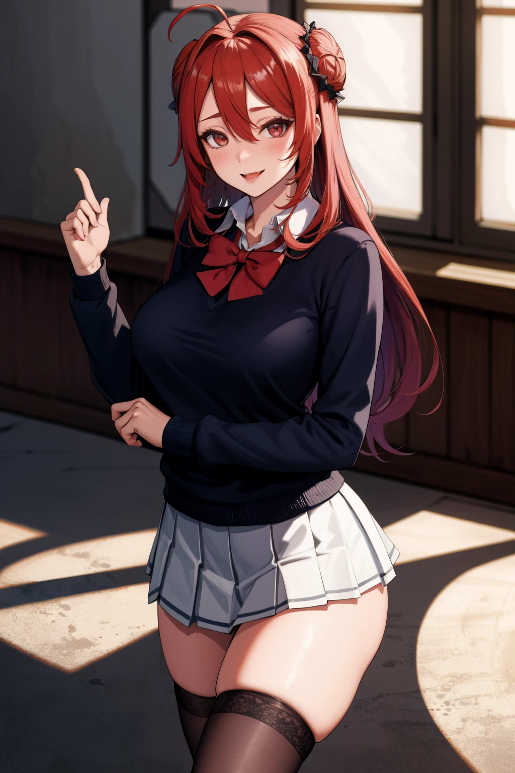 (masterpiece, best quality, highres:1.4), 1girl, solo, erzekr cosplaying as a schoolgirl, white shirt, collared shirt, pullover sweater, (ribbed sweater:-1), skirt, pleated skirt, thighhighs, hairband, bowtie, indoors, cosplay venue, anime expo, comiket, crowd, faceless males, double bun, ahoge, hair between eyes, red eyes, red hair, long hair, vampire, fang, thighs, [large breasts], cowboy shot, red eyeshadow, depth of field, dynamic pose, looking at viewer, smile,  <lora:erzekr-v0dot2-10:0.9>