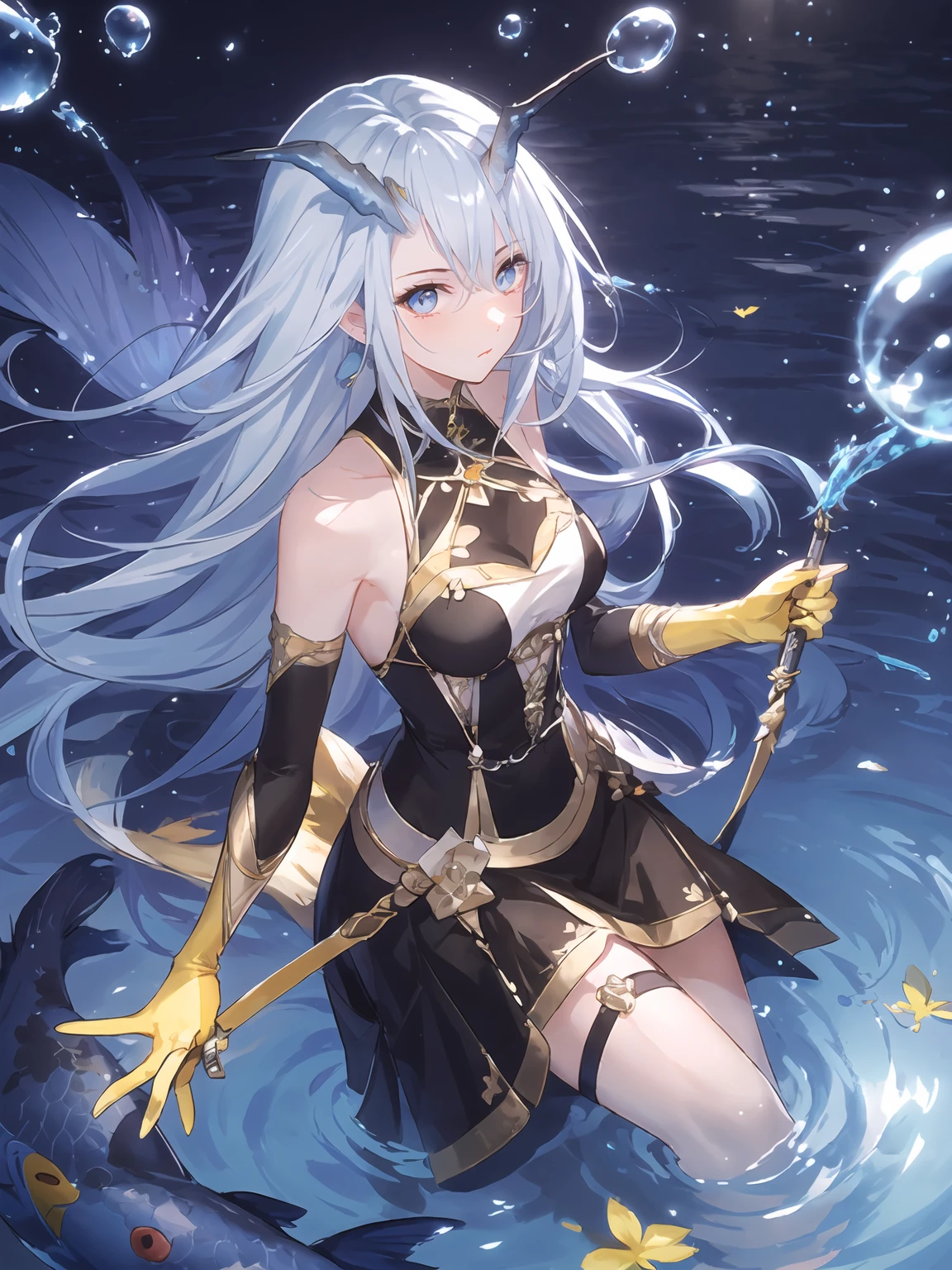 masterpiece,best quality,highres,cinematic lighting,dramatic angle,1girl,light blue hair,horns,broken horn,blue eyes,single wing,black dress,bare shoulders,gauntlets,yellow gloves,water,scales,long hair,<lora:ShadowverseMizuchiDivivedV1-000012:0.8:lbw=forte>,tail,skirt,thigh strap,clothing cutoutbubbles,(Koi carp,facny carp,petting fish:1.1),floating hair,floating in water,spread fingers,thinking,looking down