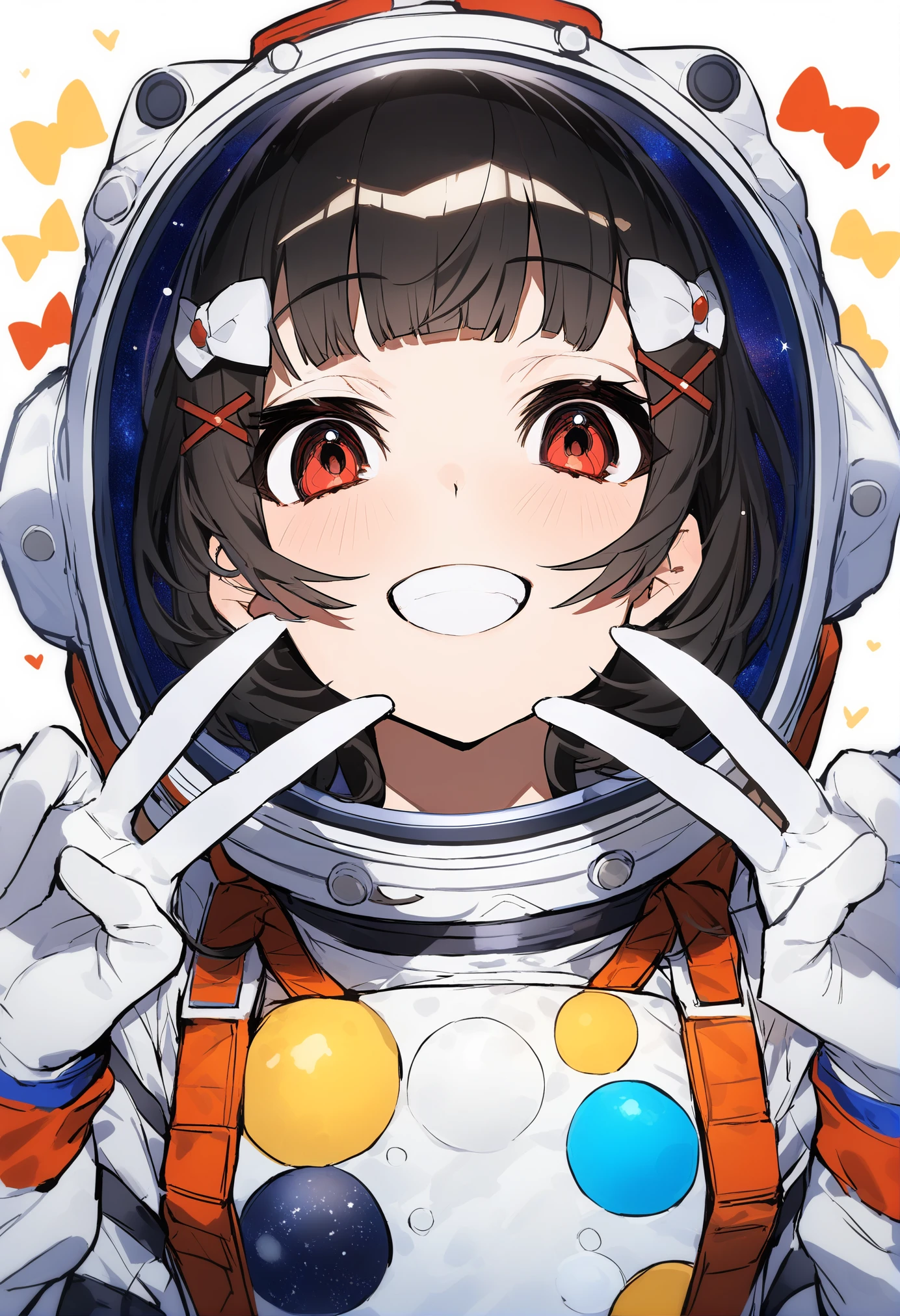 masterpiece, best quality, <lora:MikaPikazoXL_V1:1> 1girl, solo, smile, v, space helmet, looking at viewer, grin, gloves, astronaut, bangs, double v, white gloves, upper body, hair ornament, spacesuit, blush, black hair, red eyes, teeth, bow, short hair, blunt bangs, hairclip, english text