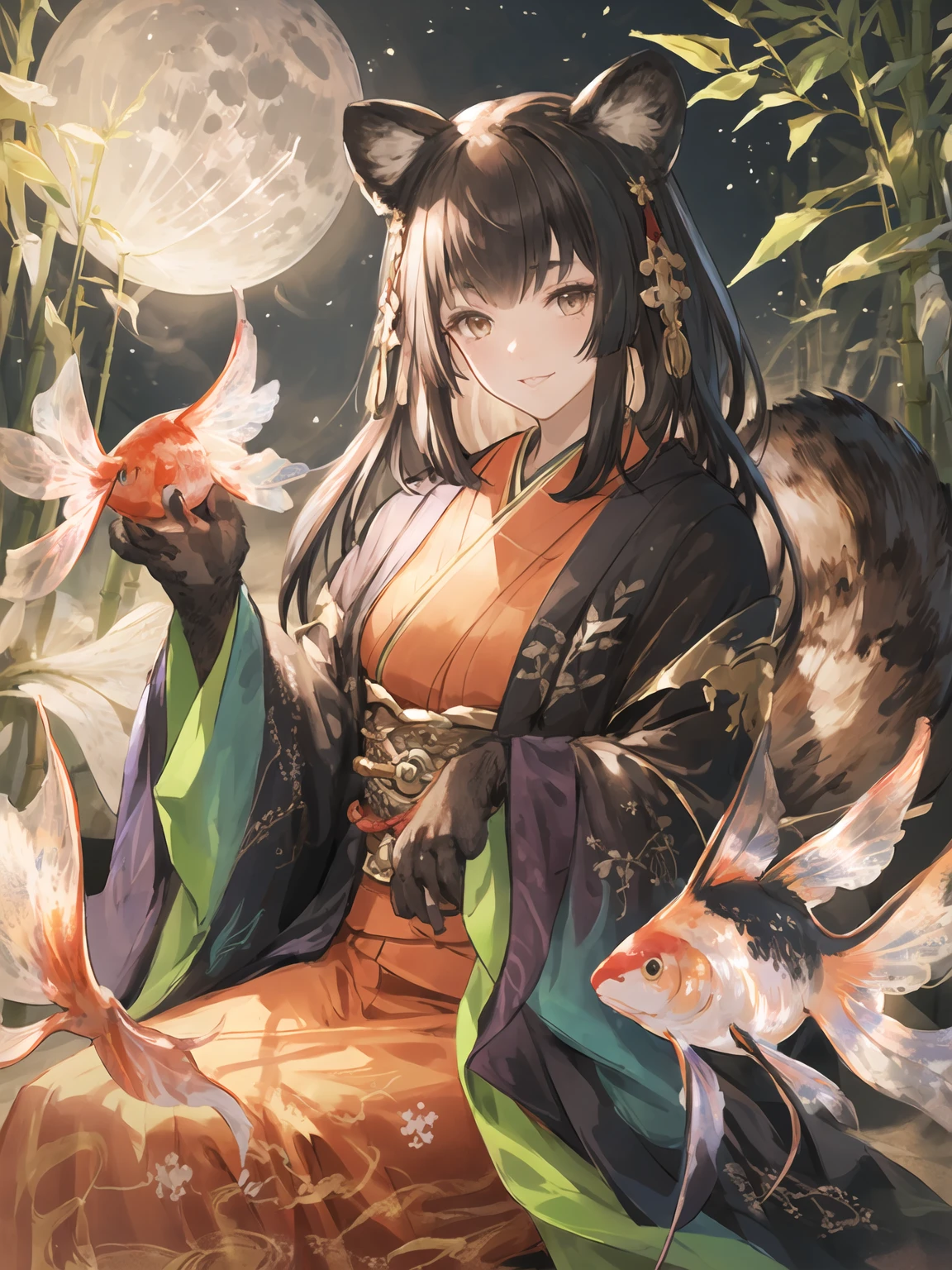 masterpiece,best quality,highres,cinematic lighting,dramatic angle,1girl,<lora:ShadowverseHozumiV3-000016:0.8:lbw=1,0.1,0.1,0.8,0.8,0.8,0.8,0.8,0.8,1,1,1,1,1,1,1,1>,animal hands,animal ears,black hair,brown eyes,japanese clothes,looking at viewer,smile,capelet,tail,head tilt,bamboo,moon,goldfish,shaded face