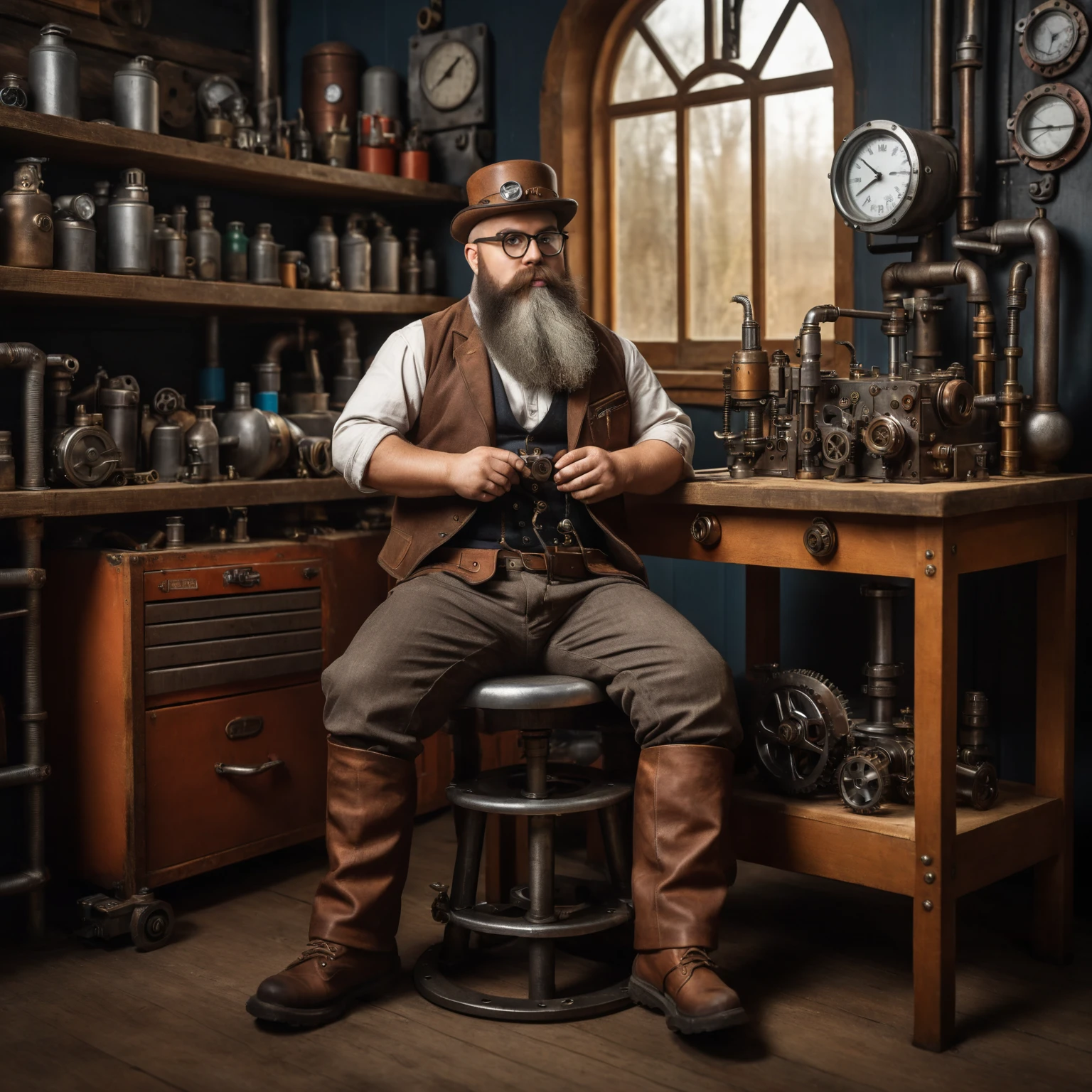 bearded dwarf working in his steampunk workshop while sat on a stool, glasses, machinery, toolbox, full body view, soft natural