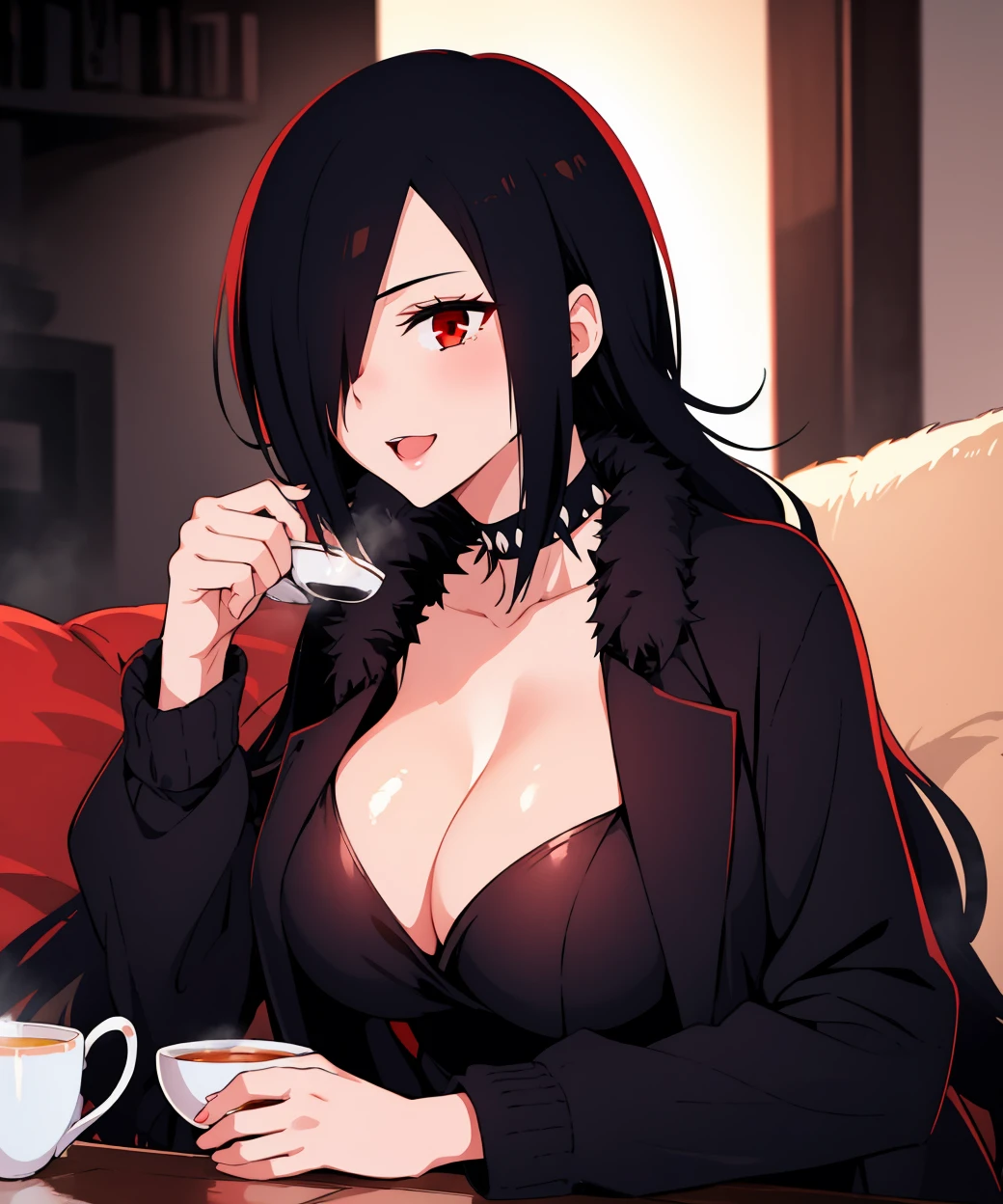 <lora:MatoiKazamaki:0.8>,1girl,matoiboss,red eyes,spikyhair, long hair,hair over one eye ,mature woman, milf,black elegant dress, furtrimmed coat,cup of tea