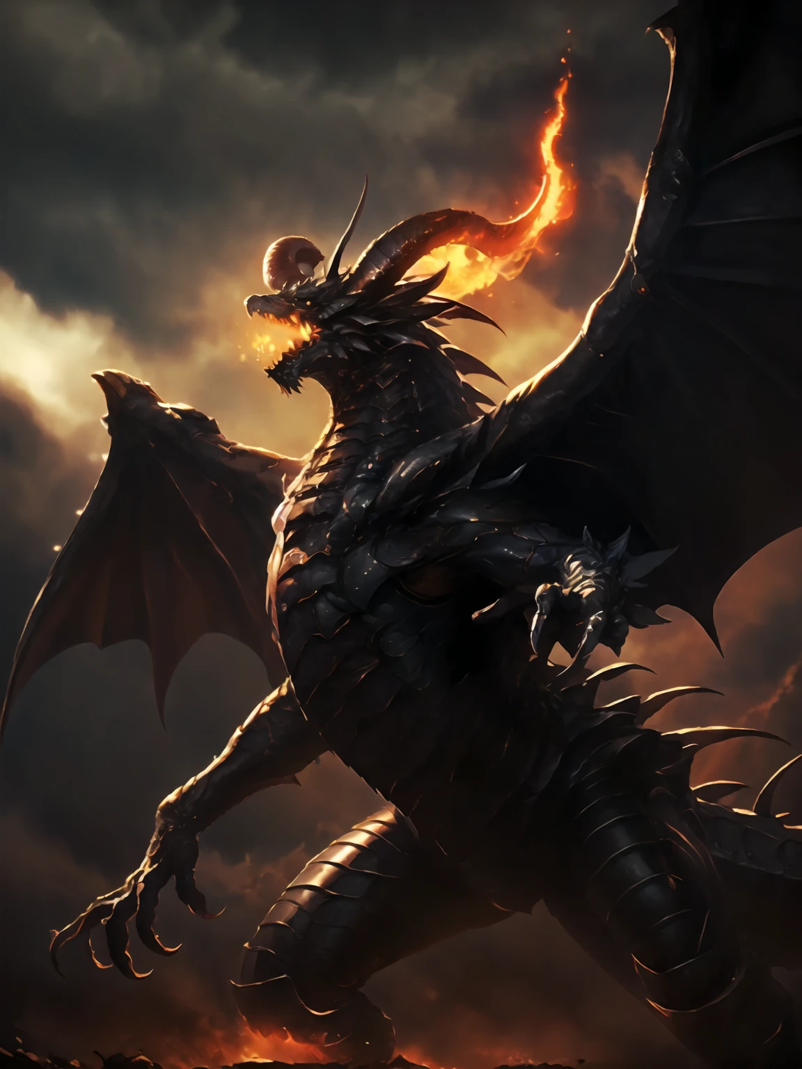 masterpiece,best quality,highres,cinematic lighting,dramatic angle,no humans,dragon,<lora:BahamutV1:0.8> ,horns,monster,flames,open mouth,dark clouds,looking at viewer,straight-on,glowing eyes,wings,claws,scales,darkness,dark,black clouds,dark sky,molten rock,hypnosis,