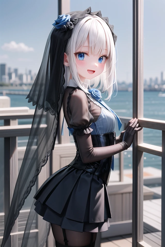 (cleavage:-1.5), insanely detailed, absurdres, ultra-highres, ultra-detailed, best quality,
1girl, solo, nice hands, perfect hands,
BREAK
(fusion of black mourning-dress and black wedding dress:1.2), (gothic dress:1.3), (light-blue and black theme:1.3), ((black mourning-veil, black see-through wedding-veil):1.5), ((black latex corset, light-blue breast-cup):1.4), (short puff-sleeve:1.3), ((white collar, tie-bow):1.3), ((ruffle-skirt, multilayer-skirt):1.4), ((stockings, garter belt):1.3), (see-through long gloves:1.3), (blue rose decoration on head:1.3), (high heels:1.1)
BREAK
happy smile, laugh, open mouth,
standing,own hands together,
from side, cowboy shot,
BREAK
slender, kawaii, perfect symmetrical face, ultra cute girl, ultra cute face, ultra detailed eyes, ultra detailed hair, ultra cute, ultra beautiful,
BREAK
ultra detailed background, day, blue sky, (cityscape of tokyo in background, bay side, panorama view:1.3), (evening:-1.5),
medium breasts, white hair, blue eyes