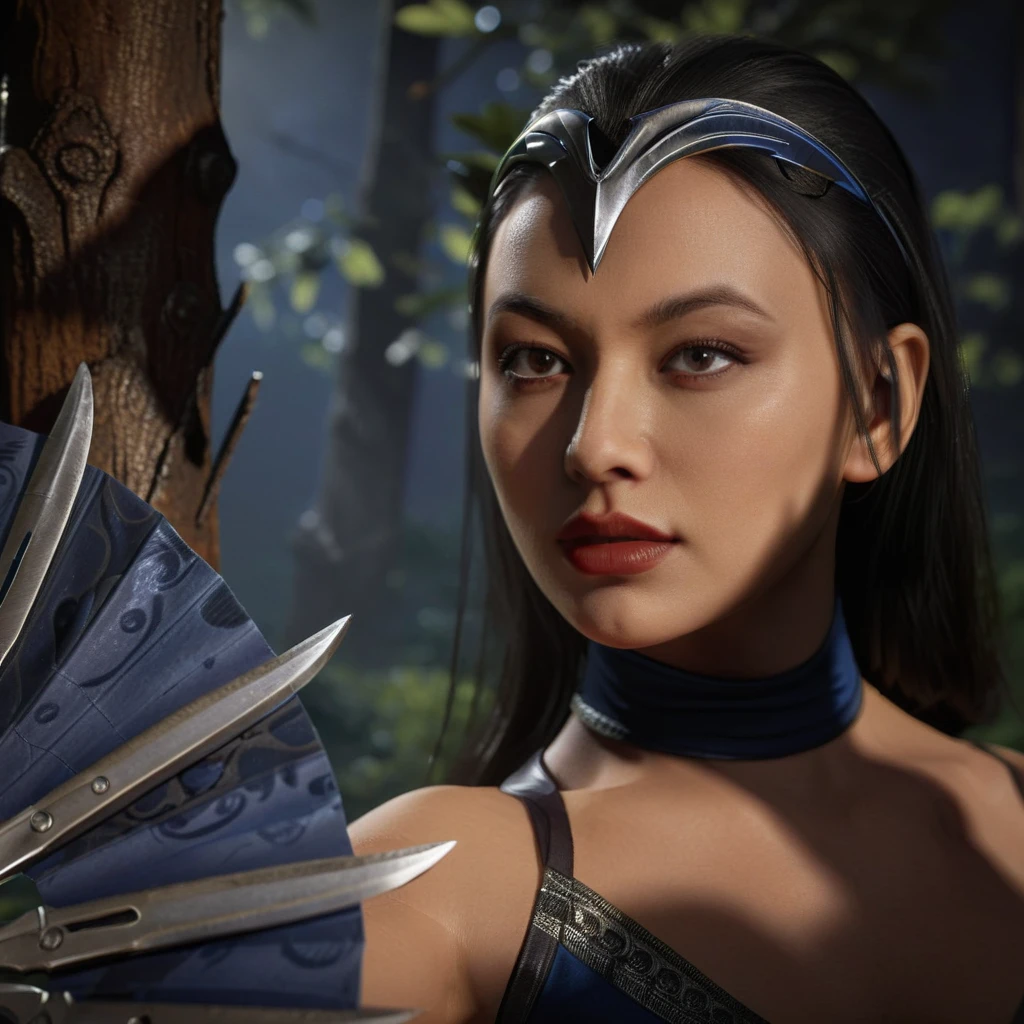 Ultra-realistic, ultra-high quality, extremely beautifully detailed 8K masterpiece of <lora:mk kitana:0.675> 1 beautiful woman in mk klassic outfit holding war fan in close-up beauty shot in enchanted forest at night, extremely detailed gorgeous eyes and perfect sexy body and facial features and hands, epic gorgeous composition and breathtaking cinematic lighting, masterpiece quality, sharp, clear, clean image