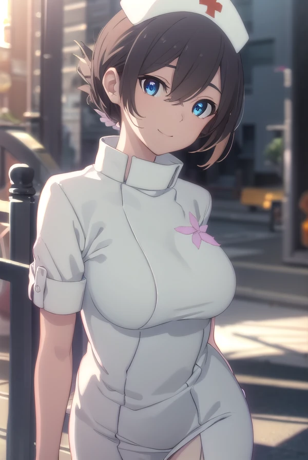 vjulif, <lora:v juli f hnu-lora-nochekaiser:1>,
v juli f, short hair, blue eyes, brown hair, flower, hair flower, smile,
BREAK hat, nurse cap, nurse, short sleeves,
BREAK outdoors, city, sun, clouds,
BREAK looking at viewer, (cowboy shot:1.5),
BREAK <lyco:GoodHands-beta2:1>, (masterpiece:1.2), best quality, high resolution, unity 8k wallpaper, (illustration:0.8), (beautiful detailed eyes:1.6), extremely detailed face, perfect lighting, extremely detailed CG, (perfect hands, perfect anatomy),