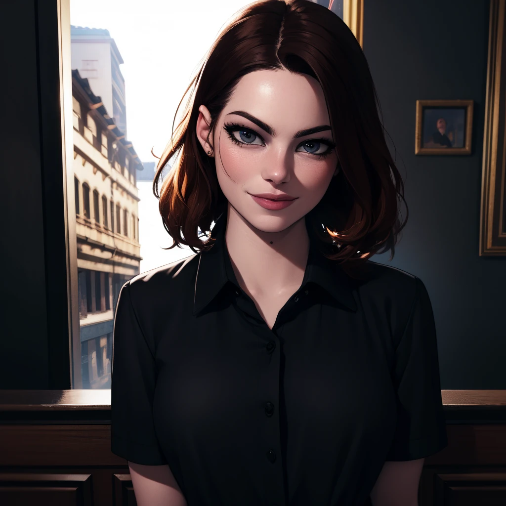 Best_QualityPos, RAW photo, intricate details, best quality, 8k uhd, soft lighting, 1girl, solo, emma stone, (black collared shirt:1.2), smile <lora:Emma_Stone_V2:0.7> <lora:LowRA:0.6>