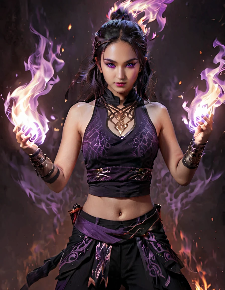 ethereal fantasy concept art of cinematic still fflix_dflames, pants, purple eyes, tank top, midriff, fire, looking at viewer, navel, medium breasts, 1girl, bandages, choker, cleavage . emotional, harmonious, vignette, highly detailed, high budget, bokeh, cinemascope, moody, epic, gorgeous, film grain, grainy", "fflix_dflames, pants, purple eyes, tank top, midriff, fire, looking at viewer, navel, medium breasts, 1girl, bandages, choker, cleavage, extremely detailed, trending on artstation, bokeh, clothed, flirty
<lora:fflix_dflames-000011:1> . magnificent, celestial, ethereal, painterly, epic, majestic, magical, fantasy art, cover art, dreamy