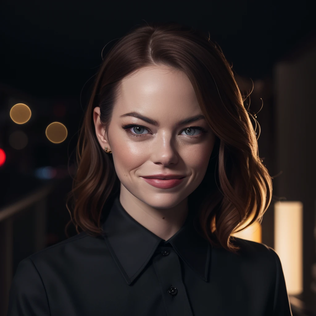 Best_QualityPos, RAW photo, intricate details, best quality, 8k uhd, soft lighting, 1girl, solo, emma stone, (black collared shirt:1.2), smile <lora:Emma_Stone_V2:0.7> <lora:LowRA:0.6>