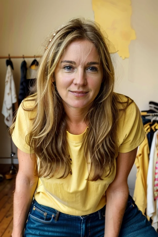 <lora:VC:1.0> masterpiece, best quality, detailed face, 1girl, realistic, solo, a 40 year old, mature,  v1873c, long_hair, blonde_hair, with a Mustard Yellow t-shirt, jeans posing for a picture , workshop