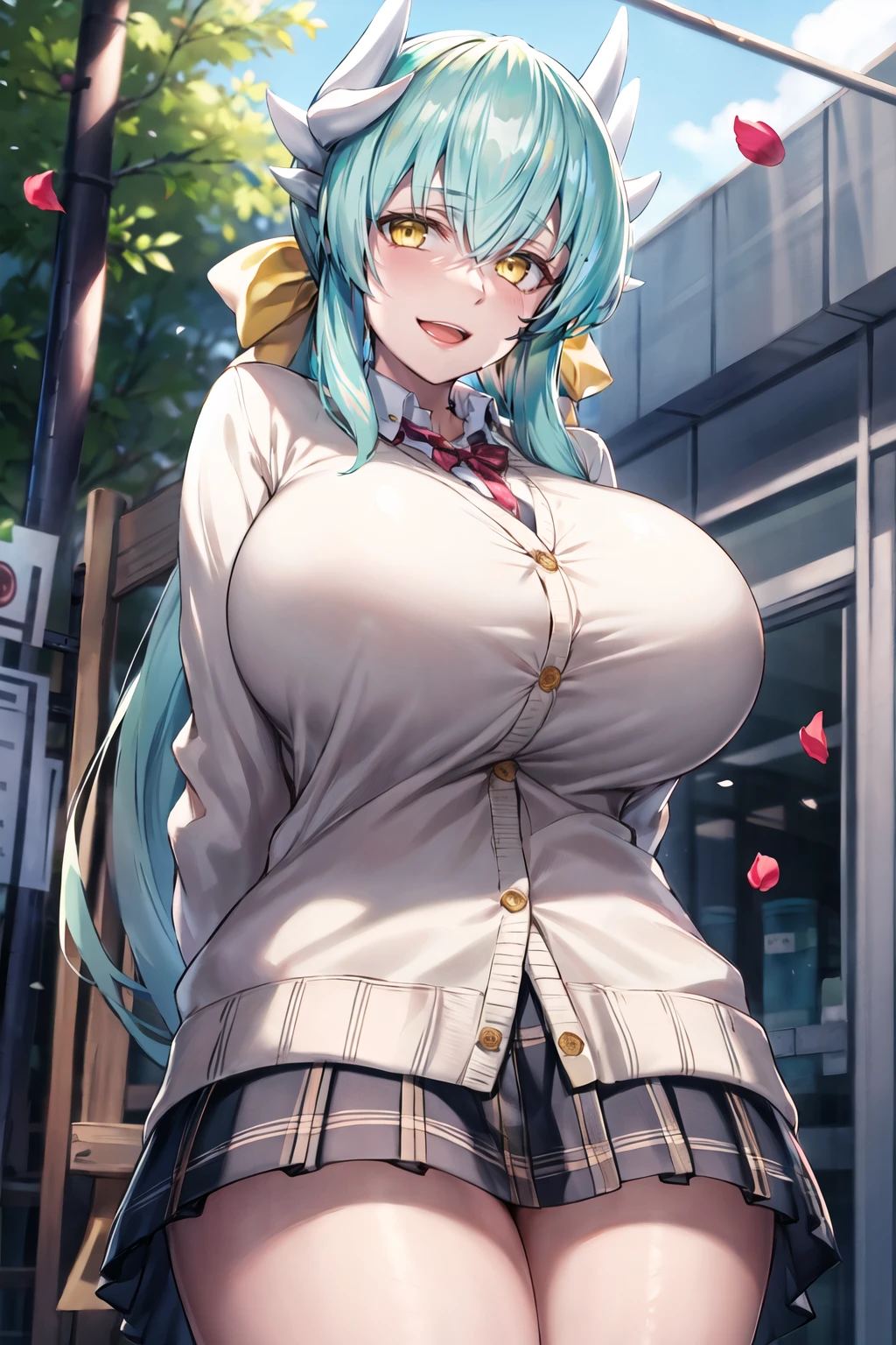 masterpiece, best quality, highres, aakiyo, long hair, aqua hair, white horns, hair bow, yellow bow, yellow eyes, <lora:kiyohime_(lancer)_v1:0.7>, cardigan, plaid skirt, arms behind back, smile, open mouth, petals, outdoors,( gigantic breasts:1.2) <lora:Zen-Locon-5e-5-640-final-000090:1>