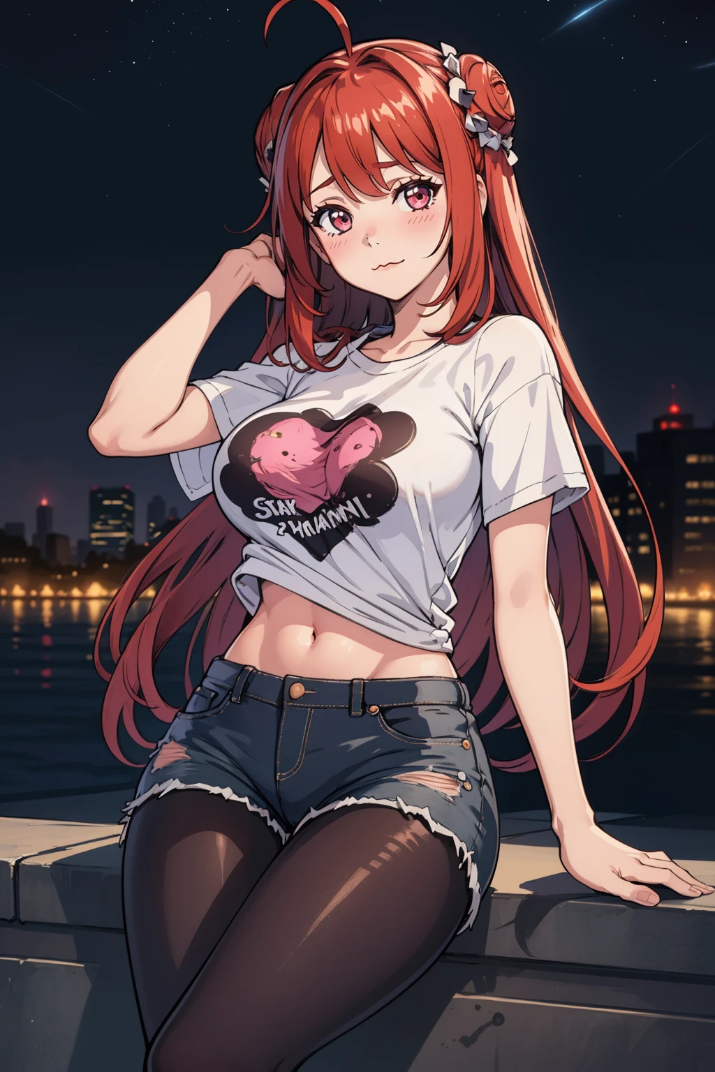 <lora:erzekr-v0dot2-10:0.9>,, masterpiece, best quality, 1girl, solo, erzekr, casual, t-shirt, denim shorts, black pantyhose, long hair, double bun, city street at night, outdoors, night sky, city lights, thighs, large breasts, :3, looking at viewer, contraposto, cowboy shot, blush,