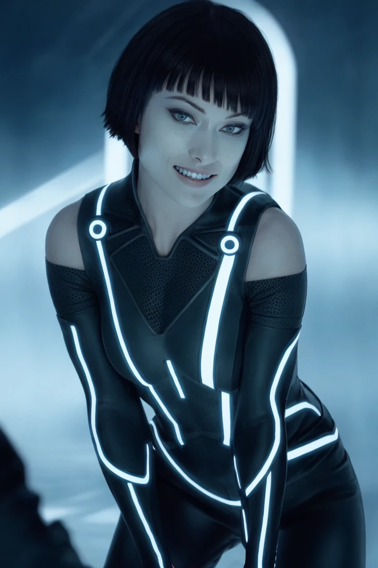 1girl, bend over, smile, teeth, soft colors, masterpiece, high quality, (high detailed skin:1.1)
<lora:quorra_tron_legacy_lora_v01:1> qu0rra, blunt bangs, bob cut, black bodysuit
