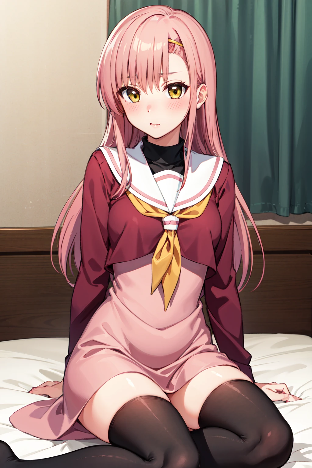masterpiece,best quality,highres,ultra-detailed,katsura hinagiku,long hair,hairband,school uniform,serafuku,sailor collar,(dress:1.1),pink dress,neckerchief,shirt,long sleeves,skirt,long skirt,thighhighs,black thighhighs,<lora:katsura_hinagiku:0.9>,indoors,bed,sitting,blush,(embarrass:1.2),