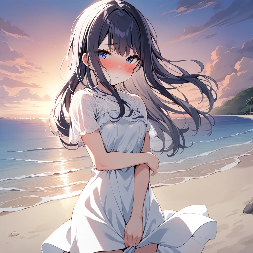 [high quality, best quality], 1girl, solo, nagase kotono <lora:ktn_xl-000021:0.48>, plain white dress, holding own arm, shy, blush, looking at viewer, beach, sunset