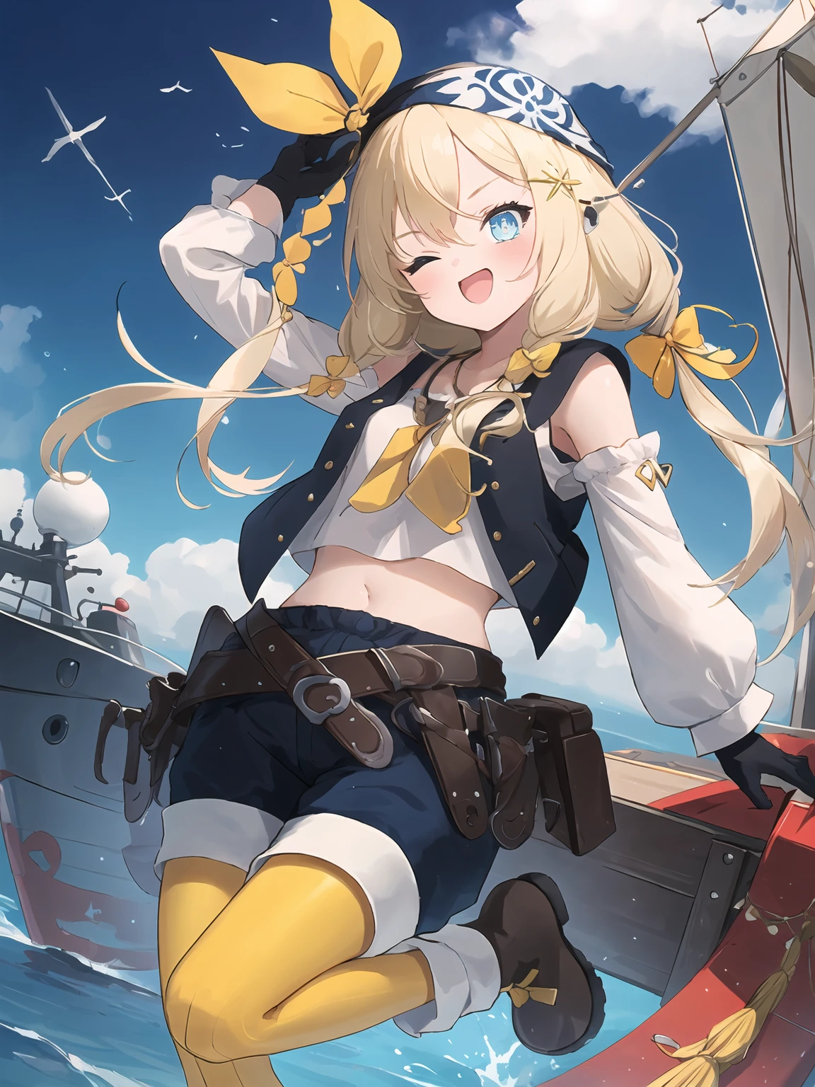 ((1 female pirate monster, bare chest, a shell stuck to her pussy)),((medium breasts)),((very large pubic hair)),((big yellow hair)),((yellow eyes, smile)) ,((facing the viewer)),((on a pirate ship, at sea during the day)),