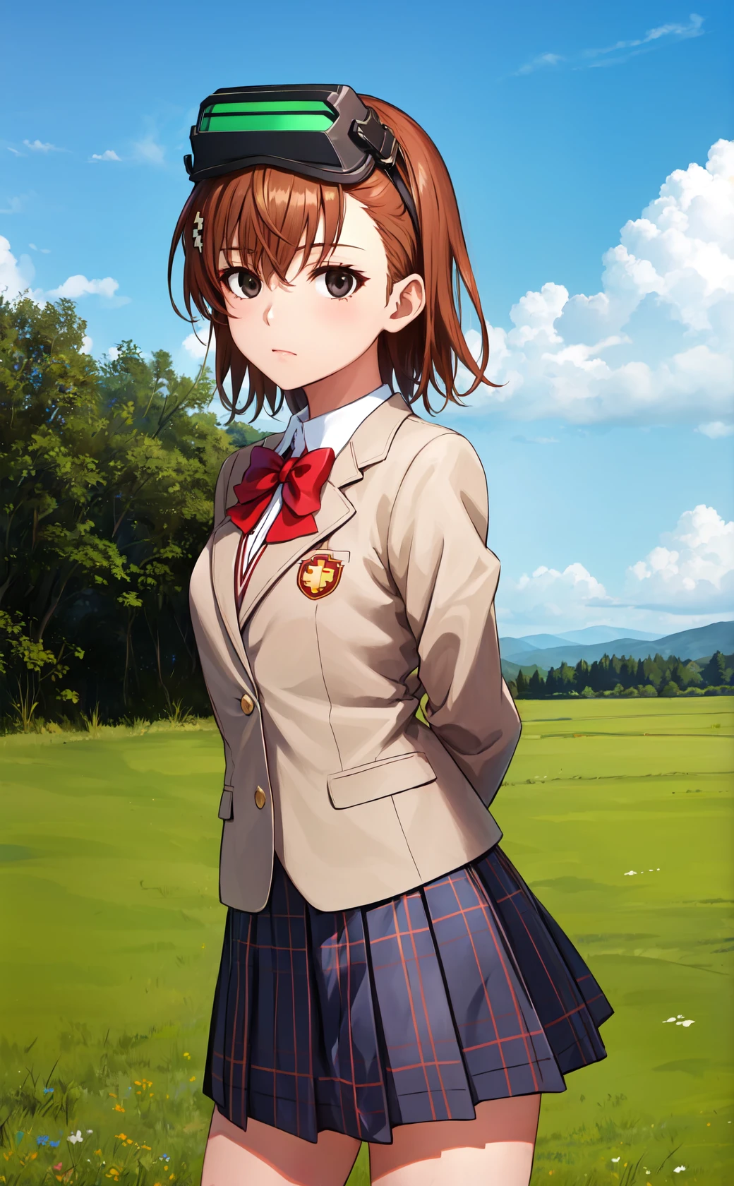 masterpiece, best quality, highres,
MisakaImoutoDef, 1girl, solo, cover, short hair, brown hair, black eyes, empty eyes, goggles, goggles on head, head-mounted display,
skirt, shirt, bow, school uniform, jacket, white shirt, pleated skirt, socks, bowtie, red bow, blue skirt, plaid, kneehighs, plaid skirt, blazer, black socks, box, red bowtie, brown jacket, tokiwadai school uniform, misaka imouto,
cowboy shot, looking at viewer, outdoors, arms behind back, forest, field, sky, blue sky, sunlight, <lora:LoRA_MisakaImouto:1>