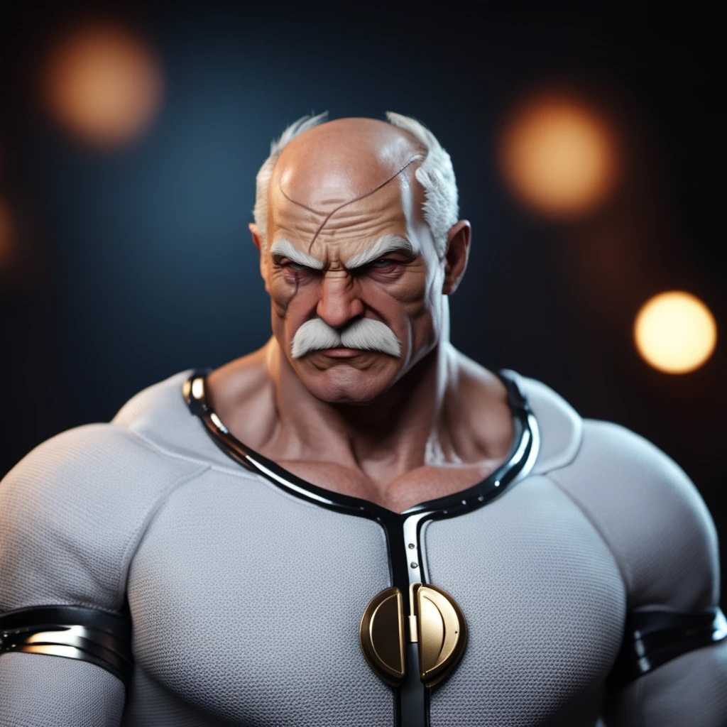 cinematic photo a very muscular old man in a white bodysuit, big scar on the head, detailed skin, <lora:Conquest1024:0.8> . 35mm photograph, film, bokeh, professional, 4k, highly detailed