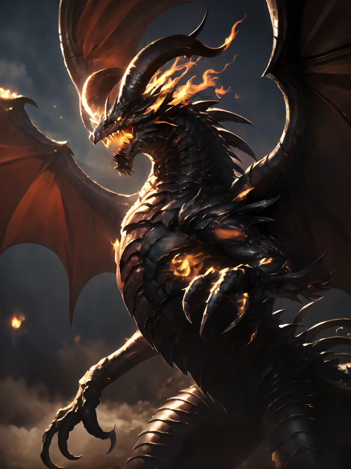 masterpiece,best quality,highres,cinematic lighting,dramatic angle,no humans,dragon,<lora:BahamutV1:0.8> ,horns,monster,flames,electricity,open mouth,breathing fire,dark clouds,looking at viewer,straight-on,glowing eyes,wings,claws,rock,scales,dust,burning chest core
