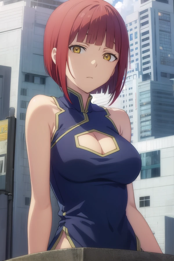 zakurokurumaki, <lora:zakuro kurumaki hnu-lora-nochekaiser:1>,
zakuro kurumaki, short hair, bangs, (yellow eyes:1.3), red hair, bob cut,
BREAK dress, cleavage, sleeveless, clothing cutout, sleeveless dress, chinese clothes, cleavage cutout, china dress, side slit,
BREAK outdoors, city, sun, clouds,
BREAK looking at viewer, (cowboy shot:1.5),
BREAK <lyco:GoodHands-beta2:1>, (masterpiece:1.2), best quality, high resolution, unity 8k wallpaper, (illustration:0.8), (beautiful detailed eyes:1.6), extremely detailed face, perfect lighting, extremely detailed CG, (perfect hands, perfect anatomy),
