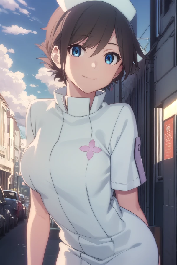 vjulif, <lora:v juli f hnu-lora-nochekaiser:1>,
v juli f, short hair, blue eyes, brown hair, flower, hair flower, smile,
BREAK hat, nurse cap, nurse, short sleeves,
BREAK outdoors, city, sun, clouds,
BREAK looking at viewer, (cowboy shot:1.5),
BREAK <lyco:GoodHands-beta2:1>, (masterpiece:1.2), best quality, high resolution, unity 8k wallpaper, (illustration:0.8), (beautiful detailed eyes:1.6), extremely detailed face, perfect lighting, extremely detailed CG, (perfect hands, perfect anatomy),