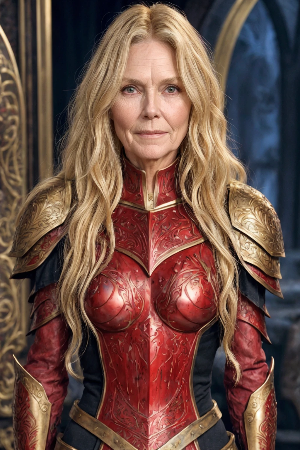 Elderly [ <'EM_1'> <'EM_2'> | <'EM_3'> <'EM_4'> | <'EM_5'> <'EM_6'> ] wearing engraved bloody armor, long blonde wavy hair