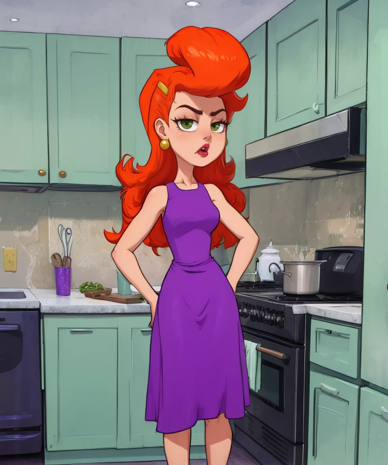 Gladys,orange hair,green eyes,lips,long hair,
small earrings,one hairclip,purple dress,sleeveless,
standing,kitchen,mature,
(insanely detailed,  masterpiece, best quality)solo,<lora:Gladys:0.8>,