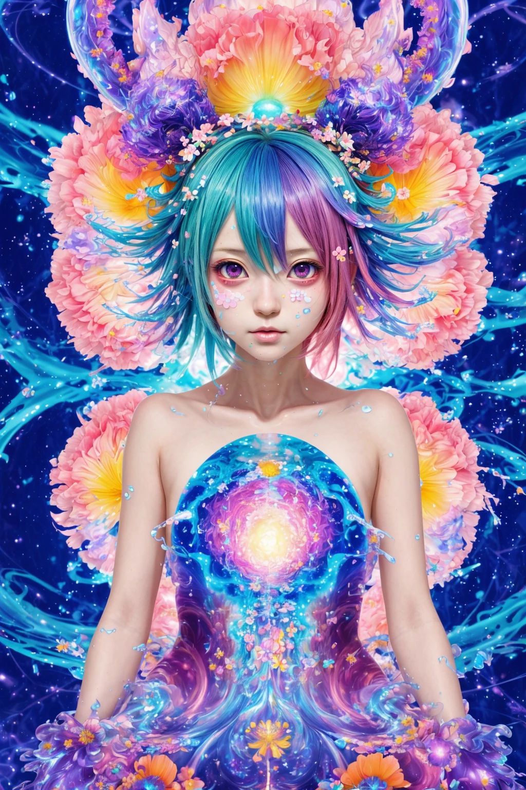 An anime girl, upper body, ambient light, Harajuku fashion, flowers, fusion of fluid abstract art, glitch, fusion of limited color, geometric art style, style of Hannah Yata