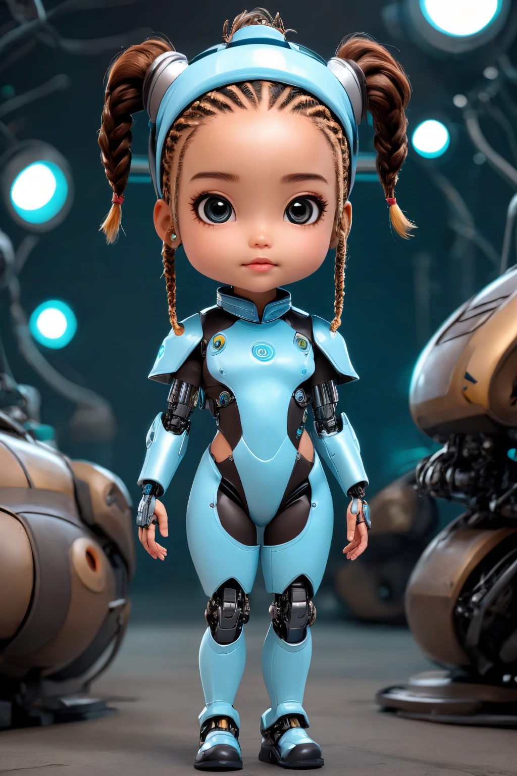 1girl,solo,cute,(big head:1.2),big_eyes,full body,Brown hair,Cornrows,Swim cap,science fiction,cyborg,Prairie,