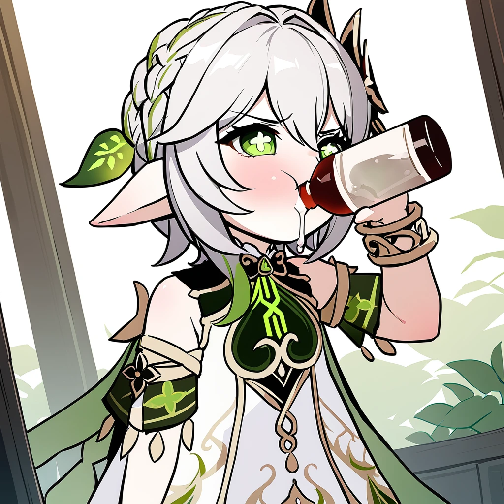 <lora:xl_katyusha_chug_(meme):1>,1girl,drinking,hood,solo,bottle,blush,nahida \(genshin impact\),, masterpiece, best quality,