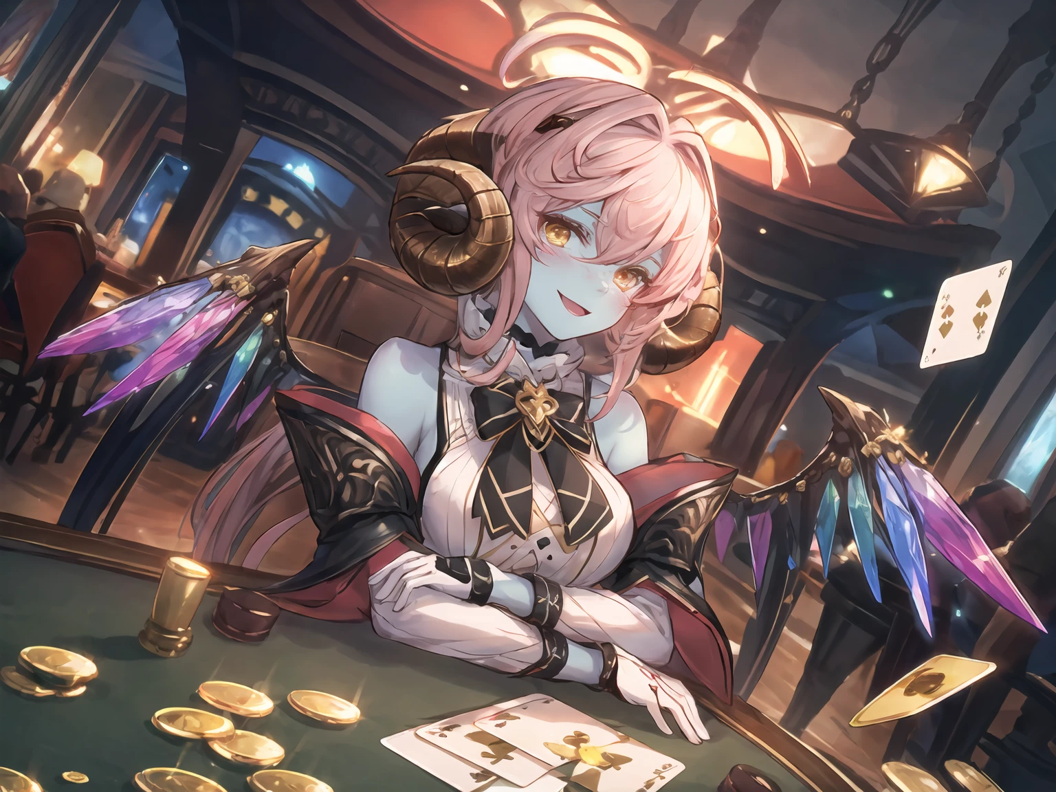 masterpiece,best quality,highres,cinematic lighting,dramatic angle,<lora:ShadowverseShowdownDemonV1-000019:0.8:lbw=jiangshi3>,1girl,pink hair,horns,blue skin,yellow eyes,detached sleeves,bare shoulders,ribbon,bowtie,glowing eyes,white shirt,vest,crystal wings,gloves,tail,choker,casino,holding card,evil smile,:d,looking at viewer,head tilt,arm support,piles of chip,coin,dollar bill,money,across table,table,blush,happy,pov across table,close-up,spoken heart,floating cards