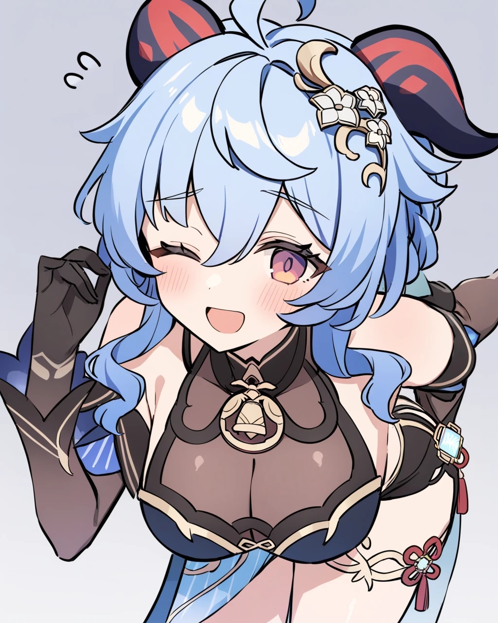 <lora:sganyu_new_xl:1>ï¼ganyu \(genshin impact\), 1girl, one eye closed, solo, looking at viewer, white background, black gloves, thighlet, bare shoulders, detached sleeves, vision \(genshin impact\), alternate costume, smile, open mouth, cleavage, neck bell, simple background, leaning forward, blush, hair flower, flying sweatdrops, blue dress, thighs, gold trim