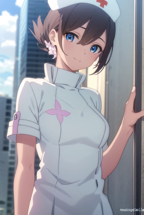 vjulif, <lora:v juli f hnu-lora-nochekaiser:1>,
v juli f, short hair, blue eyes, brown hair, flower, hair flower, smile,
BREAK hat, nurse cap, nurse, short sleeves,
BREAK outdoors, city, sun, clouds,
BREAK looking at viewer, (cowboy shot:1.5),
BREAK <lyco:GoodHands-beta2:1>, (masterpiece:1.2), best quality, high resolution, unity 8k wallpaper, (illustration:0.8), (beautiful detailed eyes:1.6), extremely detailed face, perfect lighting, extremely detailed CG, (perfect hands, perfect anatomy),