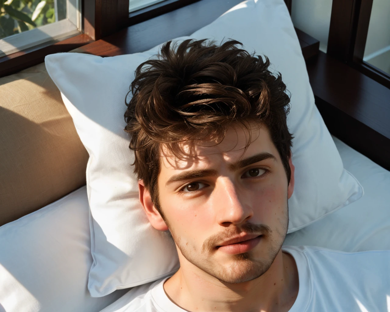 masterpiece, 8k hd raw extreme close up photo of greggs <lora:greggs-v1:0.9>, serious look, facial hair, white tshirt, laying on bed, head on pillow, sun coming through the window, the reflecting light on his eyes, best quality, highly detailed, ultra-detailed
