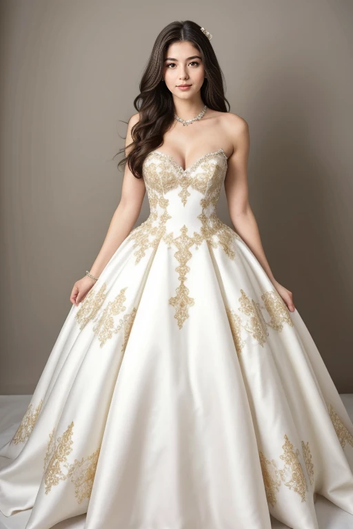 1girl, mature, beautiful, cute, hourglass body shape, masterpiece, white background, simple background, long hair, full body shot
white ballgown, gold trim, bare shoulders, cleavage, fluffy gown
<lora:Gold-trim_Ballgown_By_Stable_Yogi:1.2>