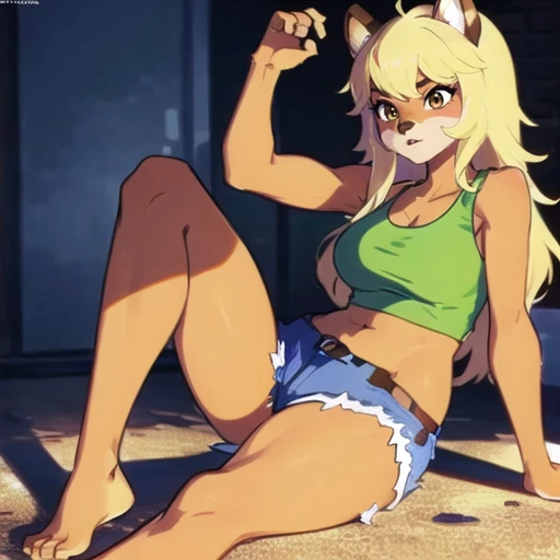 , masterpiece, Highest Quality, Highest Resolution, perfect background, perfect perspective, sharp image, perfect details, perfect lighting, perfect shadows, Perfect lighting, Best background,
perfect anime style, Callie, furry female, tail, body fur, multicolored fur, blond hair, furry, brown fur, green tank top, breasts, denim shorts, midriff,