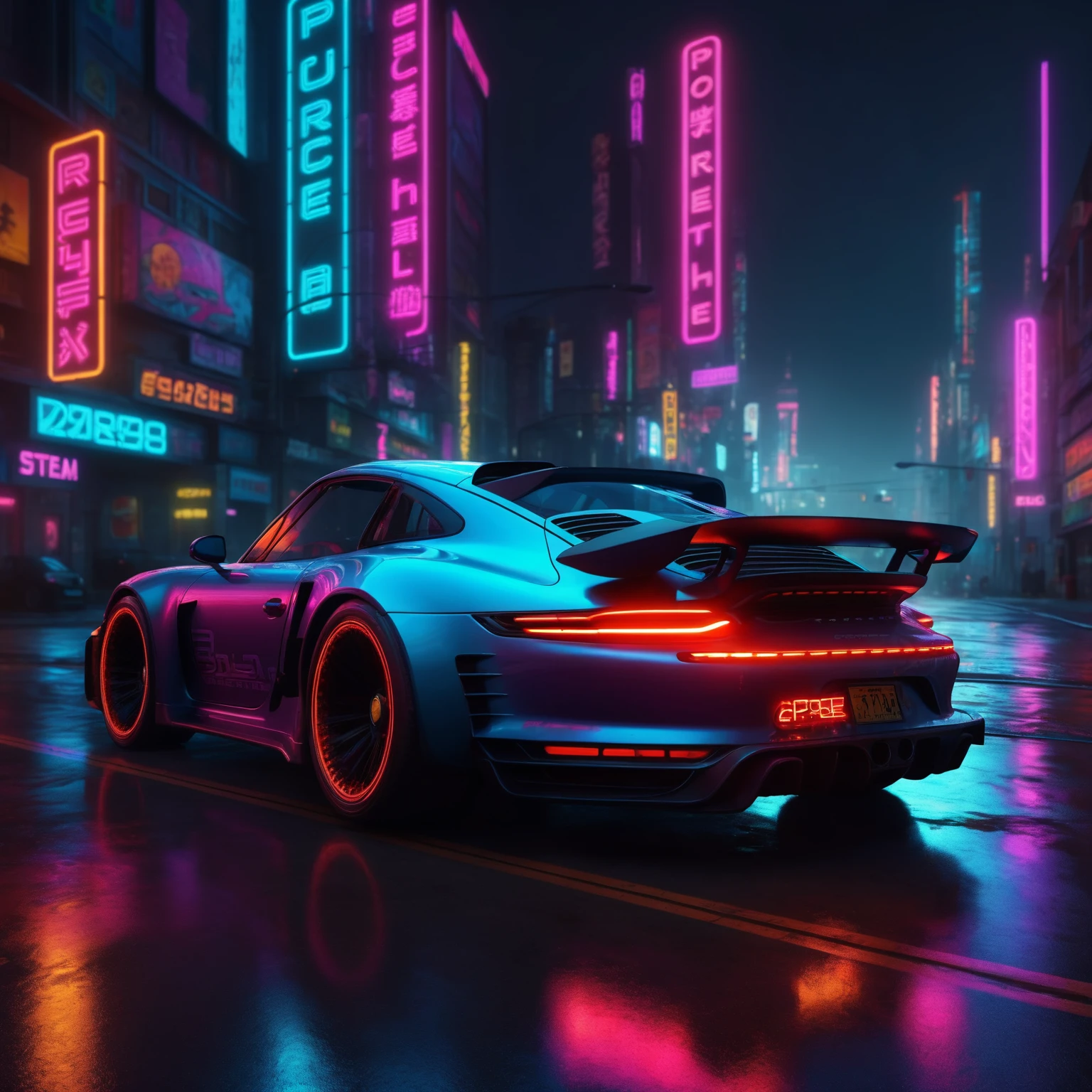 Cyberpunk style Porche driving down cyberpunk city road at night, neon signs, steam, dynamic lighting, intricate detail