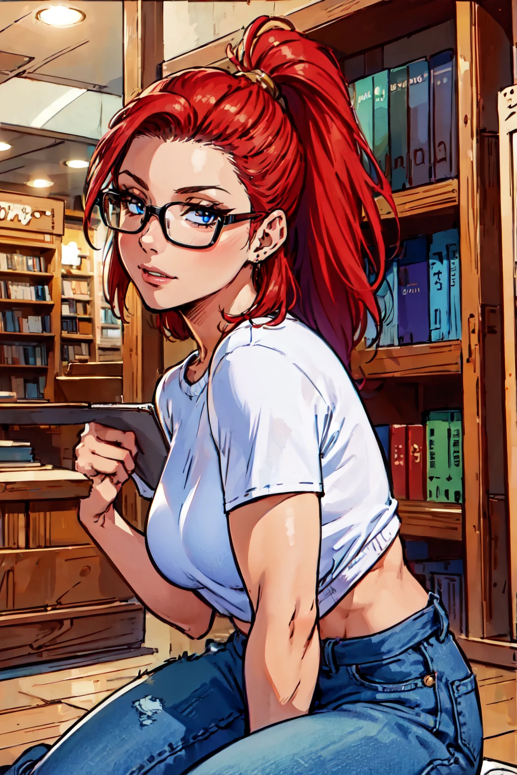 ((upper body, kneeling, a womanin a bookstore, view from side, dark, dim light, light from candles)),beautiful eyes, beautiful girl, high detail skin, high detail eyes, high detail hair, highres, ultra detailed, sharpen picture, Highly detailed, masterpiece, best quality, photorealistic, <lora:MireilleLoRA:0.8> 1girl, long hair, ponytail, crotched sweater, jeans, round glasses