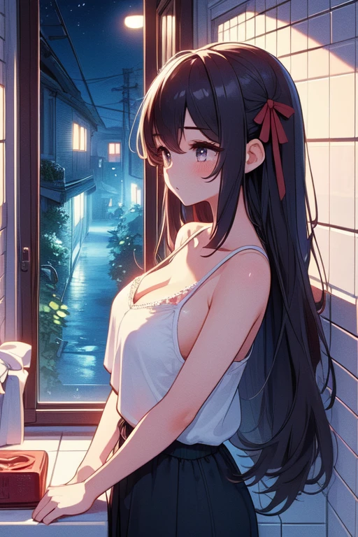 (((masterpiece))),  (((best quality))), ((window views)), from side, overlooking, alley, serafuku, white tile walls, night, solo, 1girl, cleavage, big tits, collarbone, longhair,  ribbon, petite figure proportion, <lora:girllikewindowviews:1>