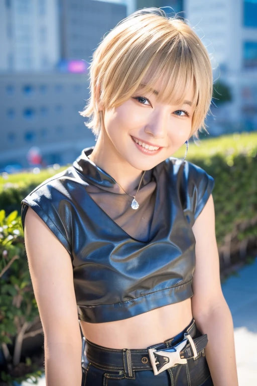 1girl, (cropped-top:1.5),(RAW photo, best quality), (realistic, photo-realistic:1.4), masterpiece, an extremely delicate and beautiful, extremely detailed, 2k wallpaper, Amazing, finely detail, extremely detailed CG unity 8k wallpaper, ultra-detailed, highres, soft light, beautiful detailed girl, extremely detailed eyes and face, beautiful detailed nose, beautiful detailed eyes,cinematic lighting,(in the city:2.4),perfect anatomy,(slender body:2.0),(close up face:2.0),(gently smile, friendly, warm:2.0),(looking at viewer:2.0),(young japanese idol:1.8),(wavy blonde short hair:1.8), (brown eyes:2.0),(standing:2.0), (cleavage:0.8), <lora:tomitamiyu_lora-12:0.8>