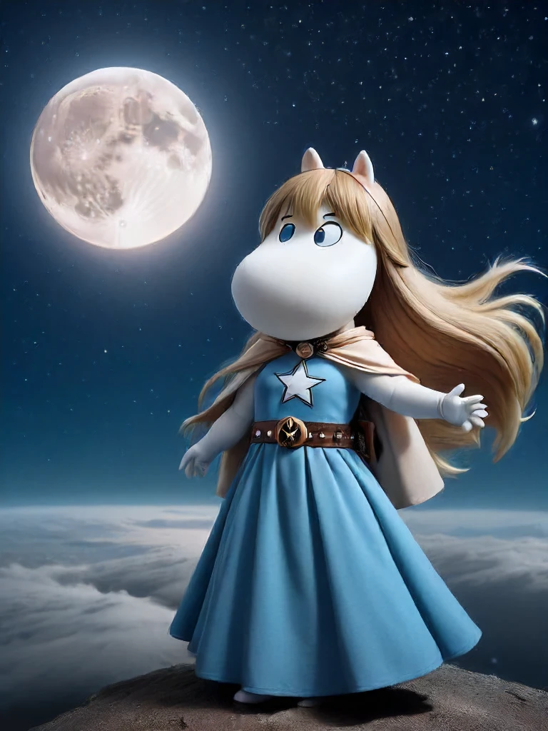 mumintrollen, Nafo Momin girl, Snorkmaiden, 3D, long hair, moon, 1girl, dress, solo, hair ornament, cape, full moon, brown hair, star (sky), cosplay, night, belt, 1other, blonde hair, holding, looking at viewer, sky, blue dress<lora:Moomin-0000091 (2):1>