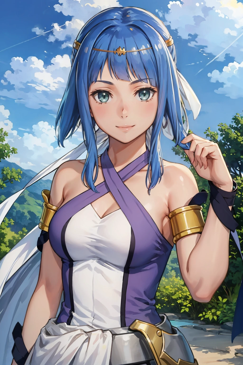 masterpiece, best quality, <lora:danartemis-nvwls-v1-000010:0.9> danArtemis, long hair, low ponytail, hair ribbon, circlet, halterneck, criss-cross halter, white and purple dress, armlet, white skirt, upper body, smile, forest, blue sky, clouds, looking at viewer