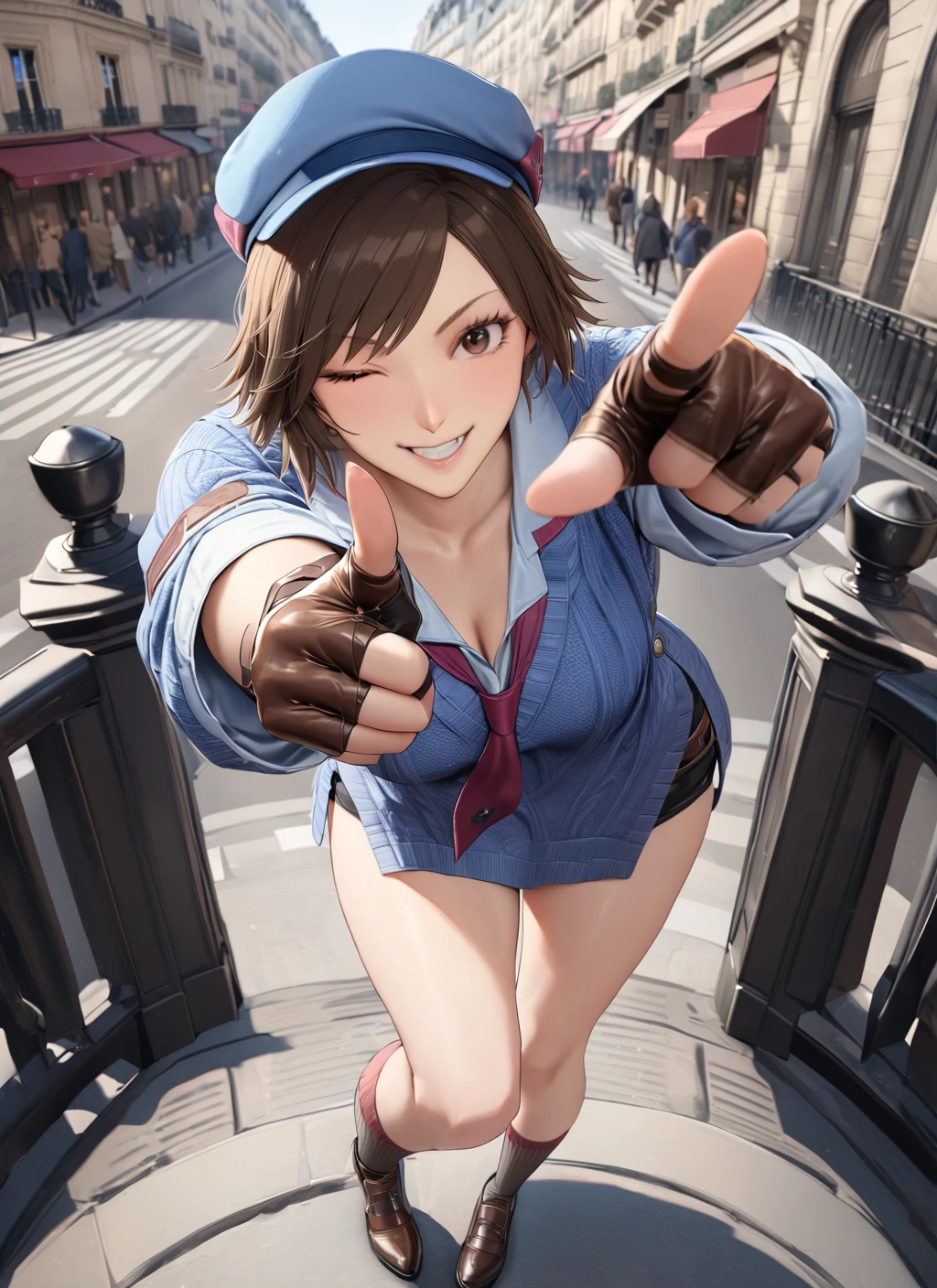 masterpiece, best quality, 1girl, asuka, brown hair, looking at viewer, hat, brown eyes, full body, fingerless gloves, socks, pointing at viewer, one eye closed, pov, paris, smile, <lora:asuka_tekke_xl:0.8>