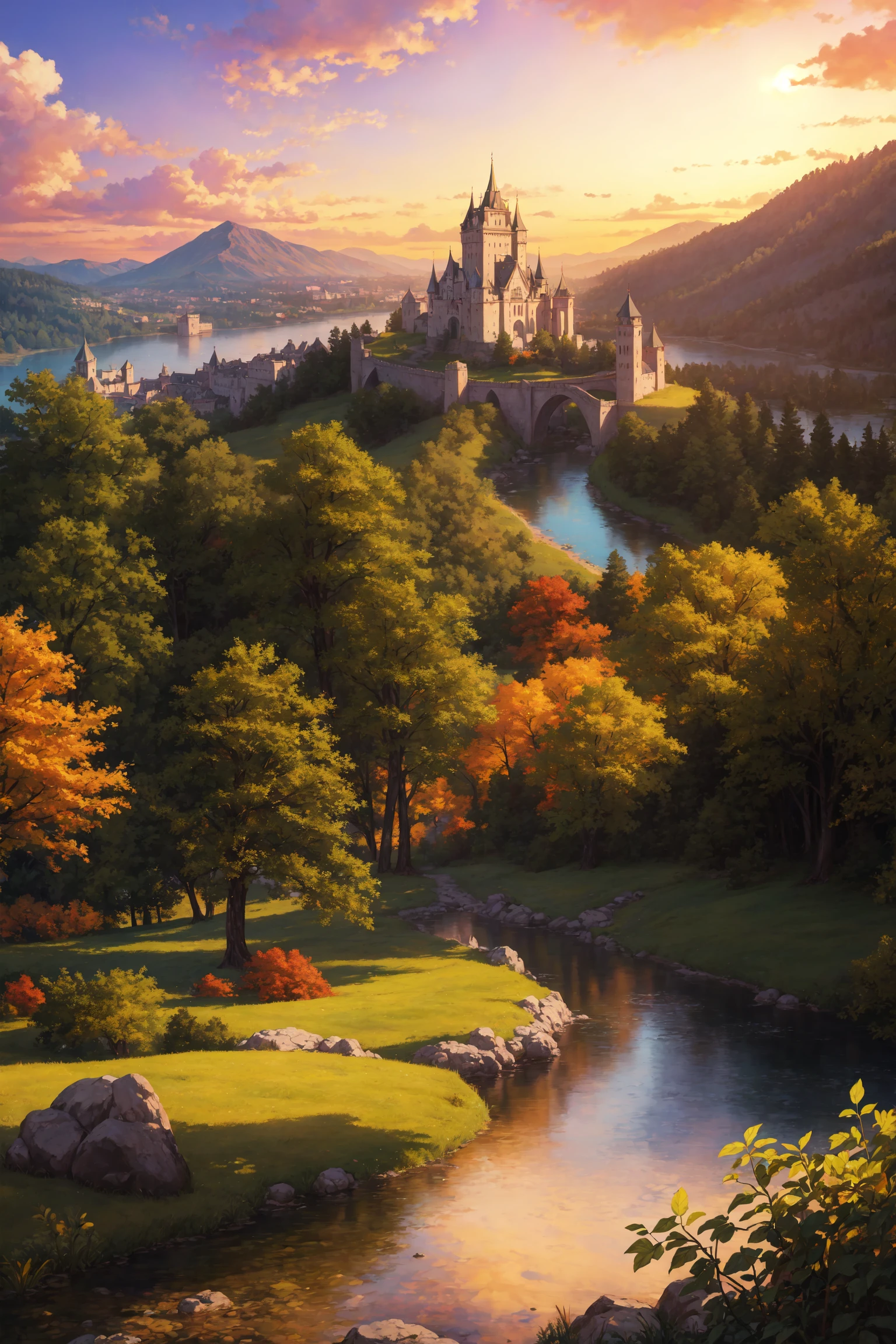masterpiece,best quality,highres,original,game cg,illustration,
((scenery,a european castle on a hill by a lake)),trees,summer leaves,mountains in far background,yellow color,red color,sunset,
((painterly,depth of field)),fine details,authentic,photorealistic,wide shot,medium shot,
sharp,outline,cinematic lighting,fantasy,baroque,impressionism,
<lora:add_detail:0.3>,