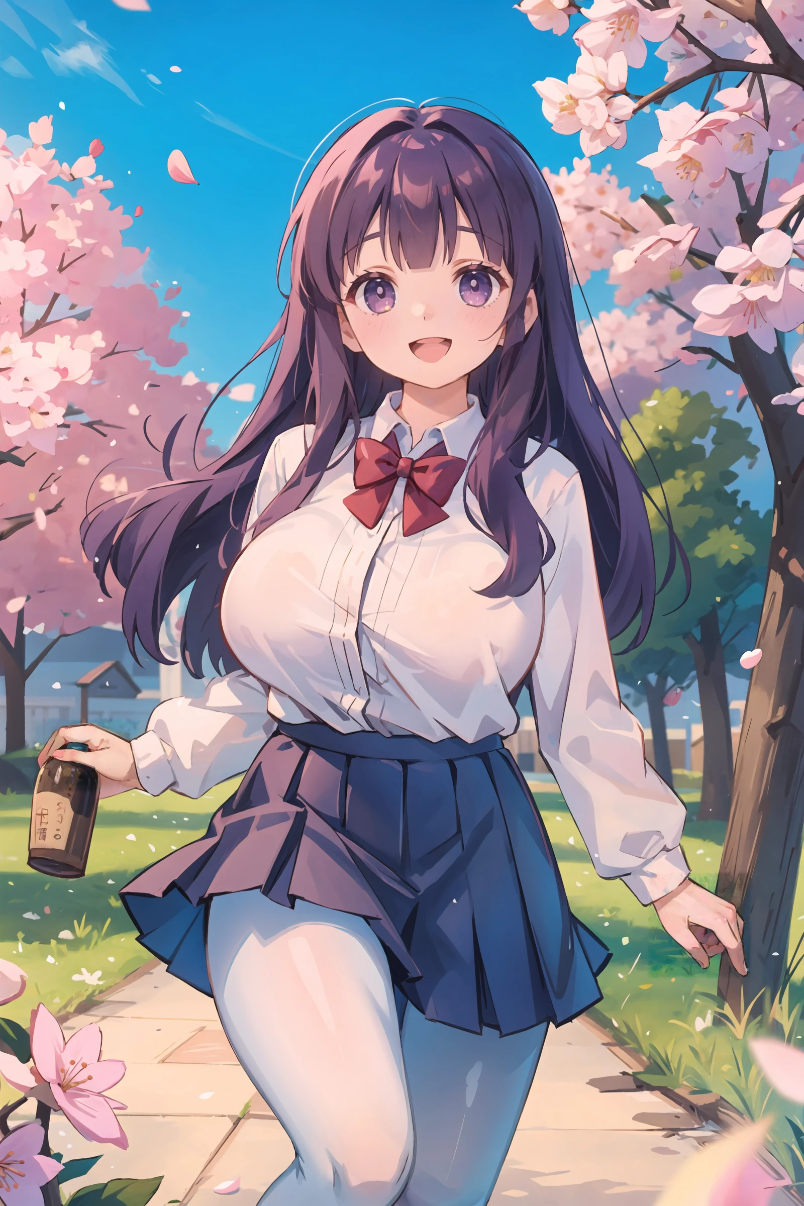 1girl, fern (sousou no frieren), solo, school uniform, white collared shirt, sweater, pleated skirt, pantyhose, light smile, double v, looking at viewer, smile, open mouth, outdoors, street, cherry blossoms, petals, depth of field, <lora:Milf:0.8> milf, huge breasts, mature female masterpiece, best quality, masterpiece